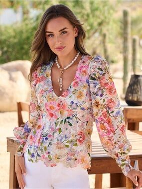 Boston Proper Pink Floral Printed Lace V-Neck Long-Sleeve Blouse Size Small